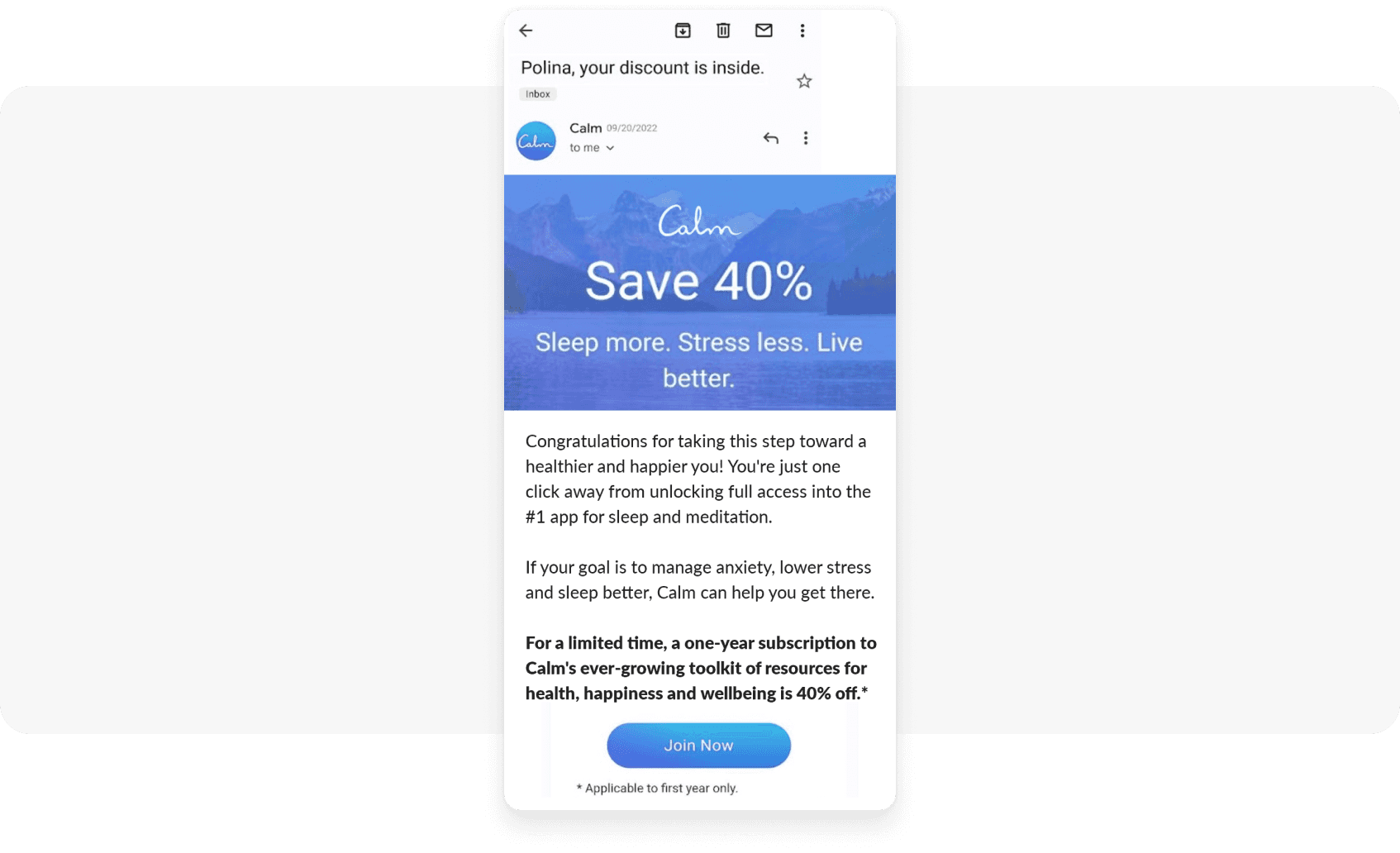 Special offer email from a meditation app