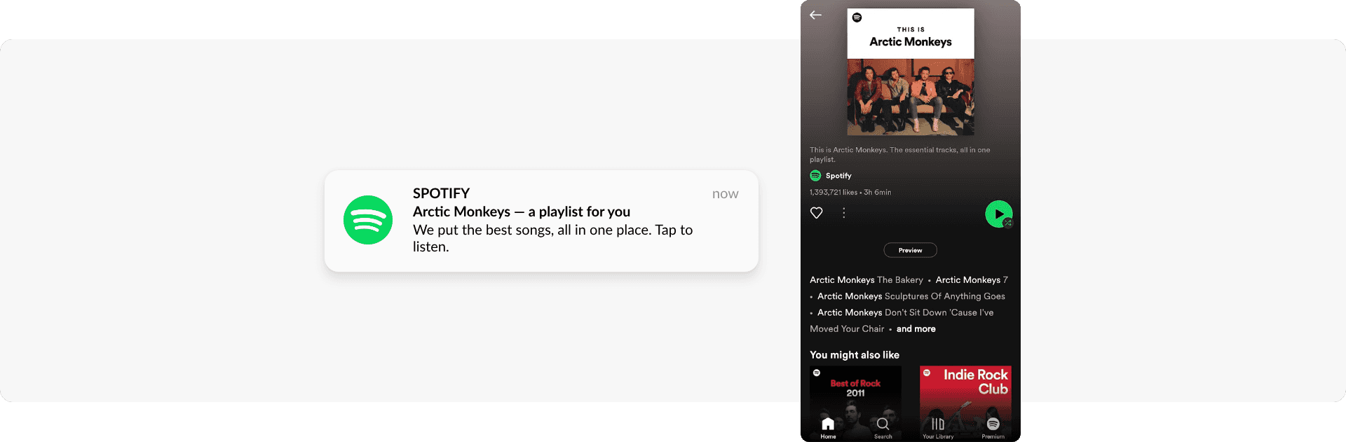 A push notification from Spotify takes a user to a personalized playlist