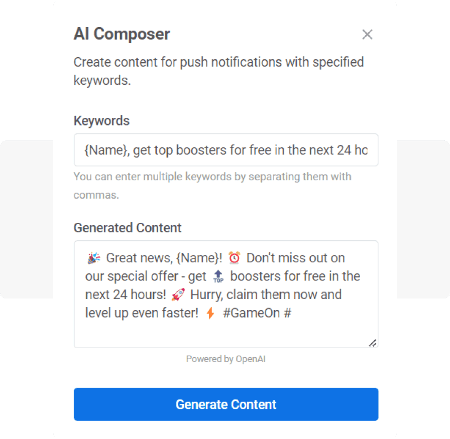 AI-generated push notification example for a game app - Pushwoosh