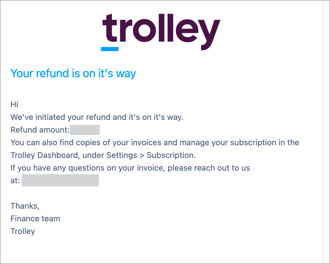 Trolley refund confirmation email
